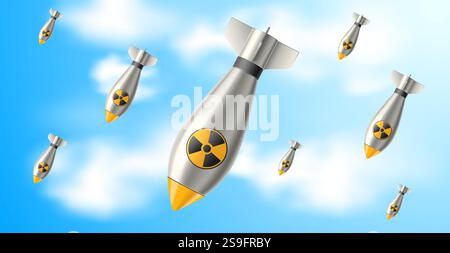 Nuclear bombs falling from sky. Mass defeat weapon flying. Realistic background. military attack, atomic rocket air bomb. Dangerous situation with Stock Vector