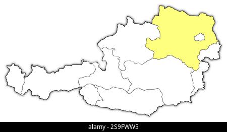 Map of Austria with the provinces, Lower Austria is highlighted in yellow. Stock Vector