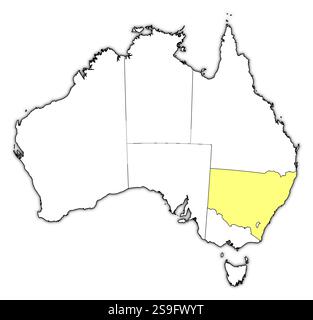 Map of Australia with the provinces, New South Wales is highlighted in yellow. Stock Vector