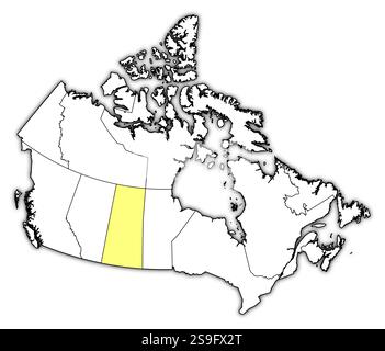 Map of Canada with the provinces, Saskatchewan is highlighted in yellow. Stock Vector