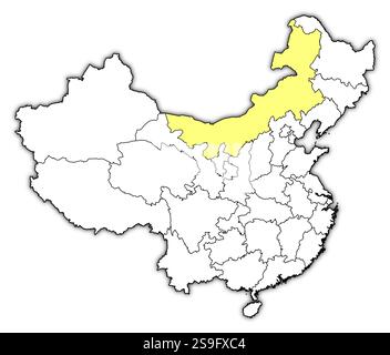 Map of China with the provinces, Inner Mongolia is highlighted in yellow. Stock Vector