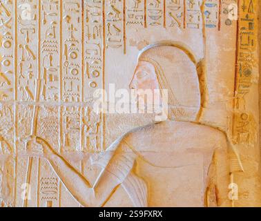 Egypt, Saqqara,  tomb of Meryneith, vestibule, the defunct enters the tomb. Stock Photo
