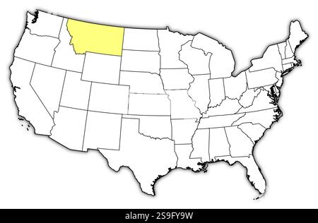 Map of United States with the provinces, Montana is highlighted in yellow. Stock Vector
