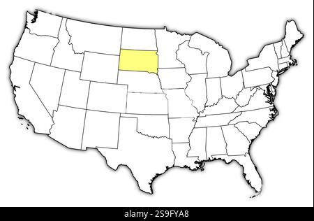 Map of United States with the provinces, South Dakota is highlighted in yellow. Stock Vector