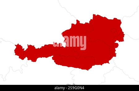 Map of Austria with the provinces and nearby countries as a white area over its shadow. Stock Vector