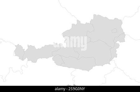 Map of Austria with the provinces and nearby countries as a white area over its shadow. Stock Vector