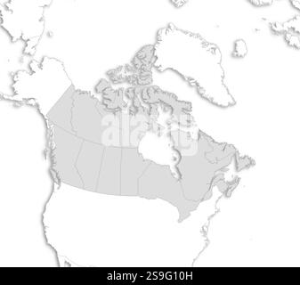 Map of Canada with the provinces and nearby countries as a white area over its shadow. Stock Vector