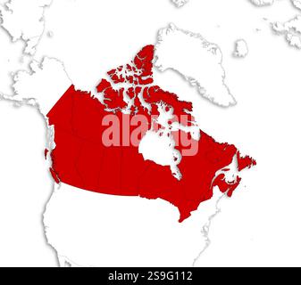 Map of Canada with the provinces and nearby countries as a white area over its shadow. Stock Vector