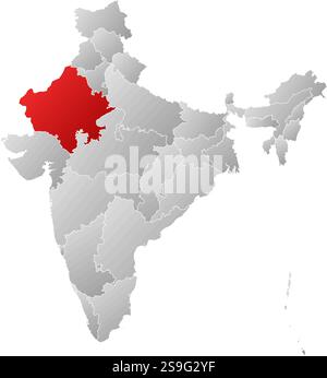 Map of India with the provinces, filled with a linear gradient, Rajasthan is highlighted. Stock Vector