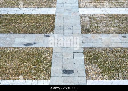Ancient stone and tile flooring in the Sabatine Garden, Madrid, Spain Stock Photo
