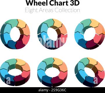 3D wheel chart with green, yellow, orange, red, brown, blue, light blue, and teal segments representing data categories from different perspectives Stock Vector