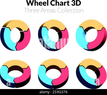 3D wheel chart with yellow, blue, and red segments representing data categories from different perspectives Stock Vector