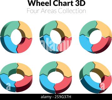3D wheel chart with green, yellow, blue, and red segments representing data categories from different perspectives Stock Vector
