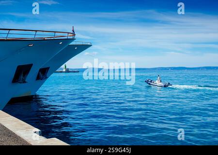 Moored yachts with small inflatable RIB, Spilt harbour, Split, Croatia, Europe Stock Photo