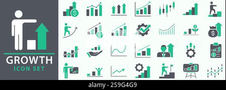 Growth icon set. Containing performance, gain, improvement, grow, chart, increase, evolution and development icons. Set icon collection. Vector illust Stock Vector