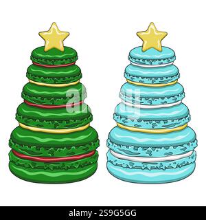 Set of color illustrations with Christmas tree made of dessert macaroons. Isolated vector objects on white background. Stock Vector