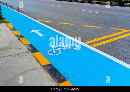 Blue Bicycle Path on the Side of a City Highway Demarcated with Yellow Lines. Stock Photo