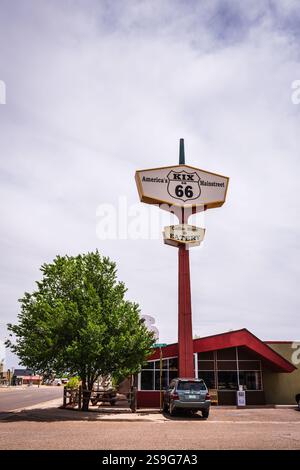 Tucumcari, NM USA - May 2, 2018: Neon sign for Kix on 66 Coffee Shop and Eatery. Stock Photo