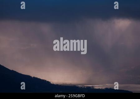A storm over Bassenthwaite Lake seen from Binsey, in the northern fells of the English Lake District Stock Photo