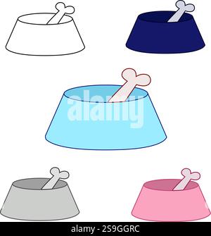 Cute dog bowl with bone graphic line vector illustration. four colors Stock Vector