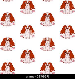 Vector Cavalier king charles spaniel puppy dog seamless pattern. Illustrated funny animal repeated design. Pet background in hand-drawn style. Cute do Stock Vector