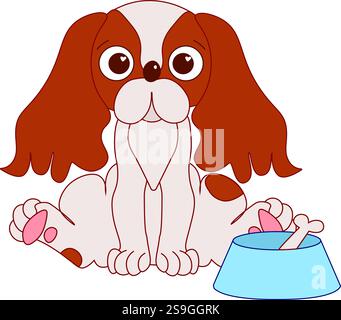 Dog with bowl and bone vector graphic line illustration. Cavalier king charles puppy spaniel Stock Vector