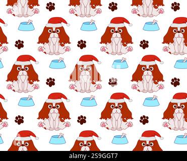 cute graphic line vector dog seamless pattern, Cavalier king charles spaniel in santa hat , dog footstep and bowl with bone background Stock Vector