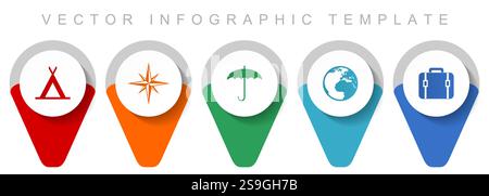 Adventure pointer collection, miscellaneous icons such as tent, navigation, umbrella, globe and case, flat design vector infographic template in eps 1 Stock Vector