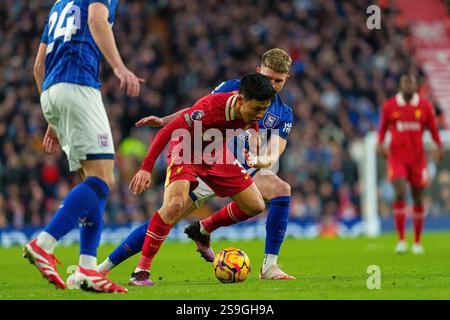 Liverpool's Wataru Endo in action with Ipswich Town's  Dara O'shea during the Premier League match between Liverpool and Ipswich Town at Anfield, Liverpool on Saturday 25th January 2025. (Photo: Steven Halliwell | MI News) Stock Photo