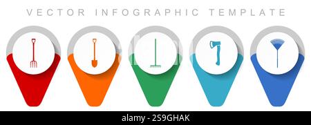 Gardening tools pointer collection, miscellaneous icons such as fork, shovel, axe and rake, flat design vector infographic template in eps 10 Stock Vector