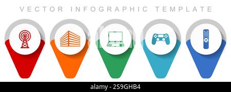 Technology pointer collection, miscellaneous icons such as antenna, office building, laptop, gamepad, tv remote, flat design vector infographic templa Stock Vector