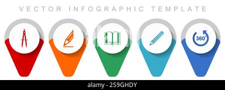 Education pointer collection, miscellaneous icons such as calippers, pencil, book and 360 degree, flat design vector infographic template in eps 10 Stock Vector