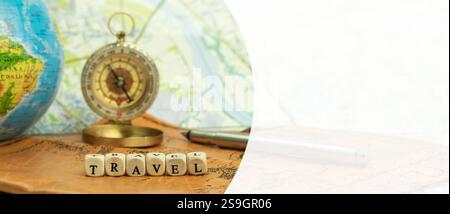Compass and old map. Close up of compass on old paper map background. Copy space Stock Photo