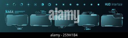 HUD frame. Tech screen interface. Game box infographic or future window with text template. Virtual hologram dashboard. Futuristic target or viewfinde Stock Vector