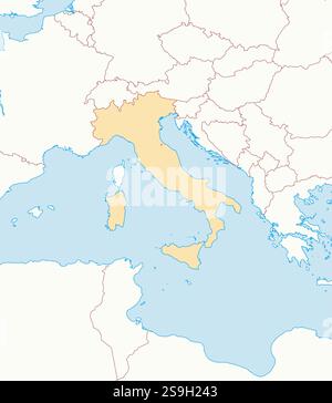 Map of Italy and nearby countries, Italy is highlighted Stock Vector