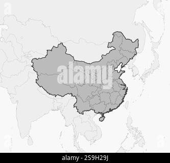 Map of China and nearby countries, China is highlighted in gray. Stock Vector