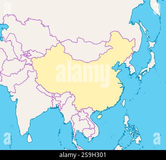Map of China and nearby countries, China is highlighted. Stock Vector