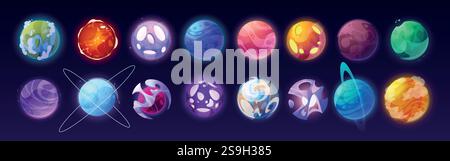 Space icons. Galaxy planets. Solar system. Earth and Mars. Game universe color sticker with gradient purple stars. Fantasy sky. Cosmos world. Saturn o Stock Vector