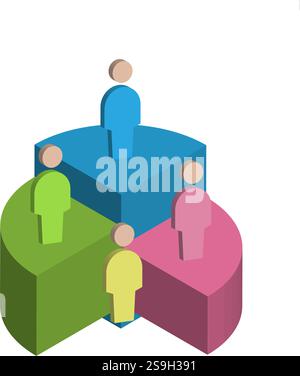 A creative set of 3D pie charts and segmented diagrams representing market segmentation, data analysis, and customer demographics. Ideal for business Stock Vector