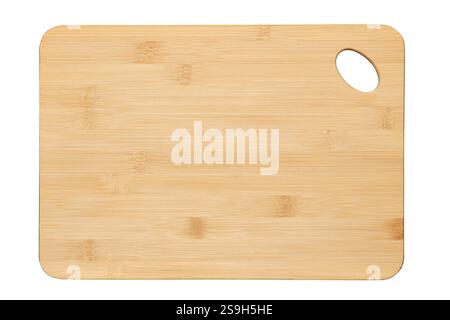 Bamboo cutting board view from above, isolated on white. Perfect for food styling, product presentation. Stock Photo