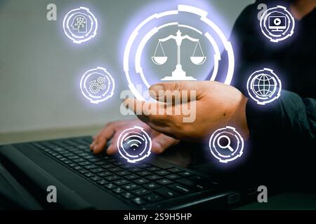 Man holding justice ico .AI ETHICS. AI ethics or AI Law concept. Developing AI codes of ethics. Stock Photo