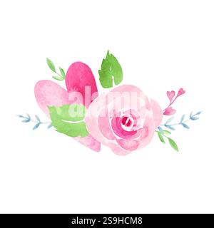 Valentines day or Wedding floral Composition from Heart, Pink Rose and Branches in pastel colors. Ala Prima Simple painting isolated on a white Stock Vector
