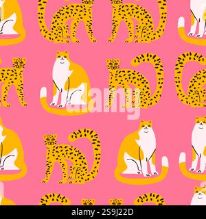 Seamless pattern featuring wild cats like tigers, leopards, and domestic cats on a soft pink background. Perfect for textiles, wallpapers, and creative designs with a playful yet stylish animal theme. Vector illustration Stock Vector
