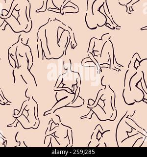 Seamless pattern featuring sketchy silhouettes of men and women in a Renaissance-inspired outline style on a beige background. Ideal for artistic projects, wallpapers, and fashion or decor designs. Vector illustration Stock Vector
