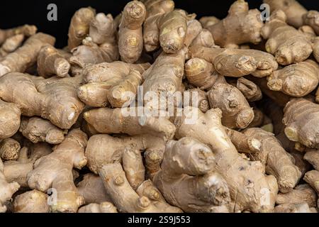 Root ginger displayed for sale on a market stall, with a shallow depth of field Stock Photo
