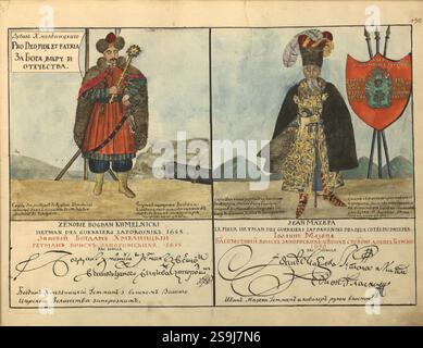Ukraine Portrait:  Zenoviy Bohdan Khmelnytsky and Ivan Mezepa Vintage Illustration from Ethnographic description of the peasants of the Kiev province, by Dominique Pierre De la Flise, 1854 Stock Photo