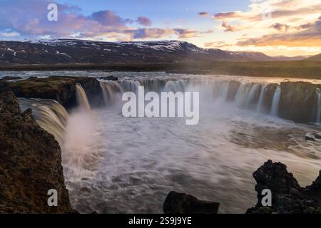 Scenic Godafoss (water falls) landscape during sunset in Iceland. Stock Photo