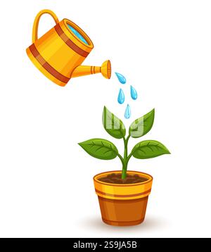 Garden watering can, green flower plant seedling growing in pot. Houseplant care. Botany herb hand water sprinkle agriculture tool. Sprout growth icon Stock Vector
