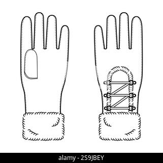 Igloo Fur Gloves Wrist length Fashion hand accessory clothing technical illustration garment. Vector front palm back view for Men, women, unisex style flat template CAD mockup sketch outline on white Stock Vector