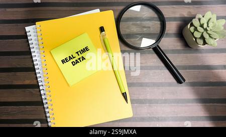 Concept of Real Time data write on sticky notes isolated on Wooden Table. Stock Photo